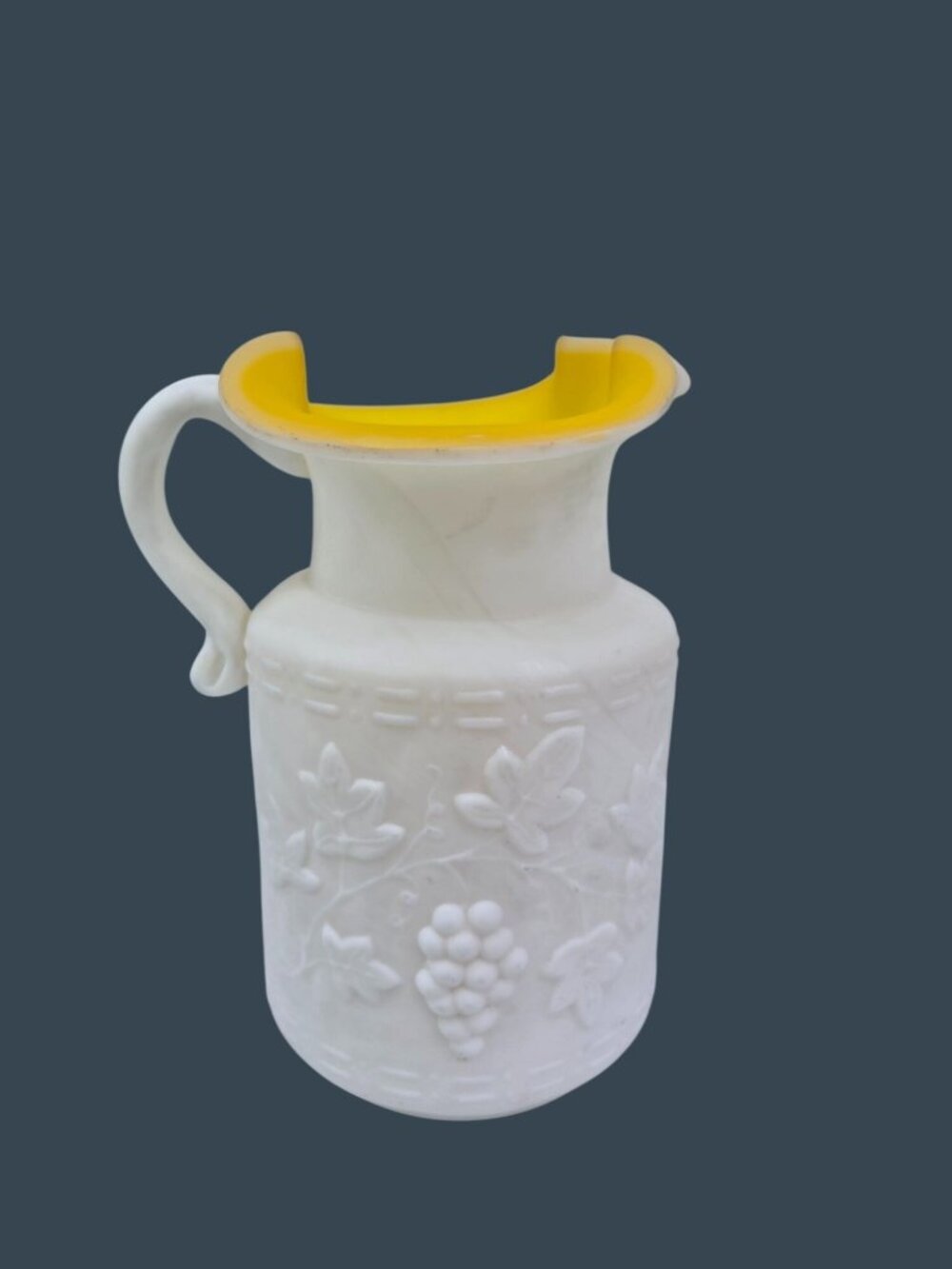 Vintage Kanawha Cased Glass Pitcher Embossed Grape Design Yellow Interior